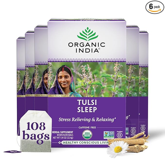 ORGANIC INDIA Tulsi Sleep Herbal Tea - Holy Basil, Ashwagandha, Chamomile, Night Time Tea for Bedtime, Stress Relieving & Relaxing, Immune Support, USDA Certified Organic - 18 Infusion Bags, 6 Pack