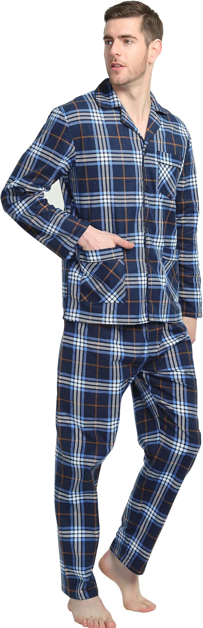 GLOBAL Men's Pajamas Sets 100% Cotton Flannel Sleepwear Long-Sleeve top & Bottom