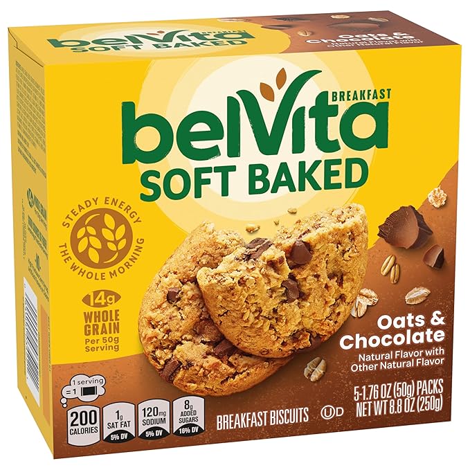 belVita Soft Baked Breakfast Bars, Oats & Chocolate, 6 Boxes of 5 Packs (1 Biscuit Per Pack)