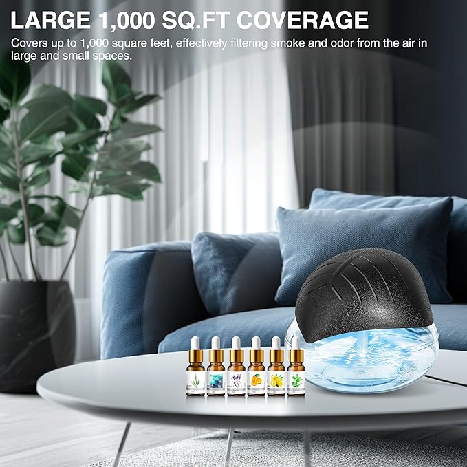 Water Air Purifier for Home with Essential Oil Diffuser & Humidifier, Rainbow Air Washer with LED Mood Light- Includes 6x10ml Essential Oils, Air Revitalizer for Smoke and Pets, Black