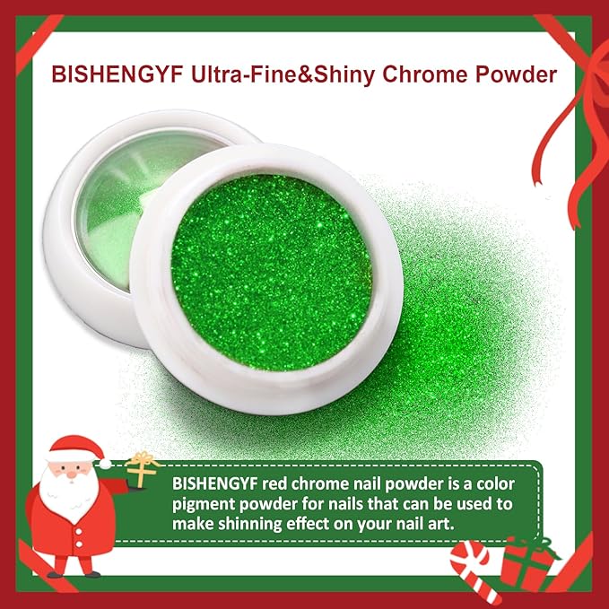 Green Chrome Nail Powder - Holographic Mirror Metallic Effect Powder For Christmas DIY Nail Art