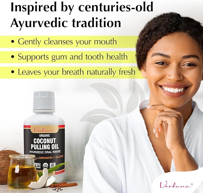 Verdana Organic Oil Pulling Mouthwash – 16 oz Cinnamon & Clove – USDA Organic Coconut Oil Rinse for Teeth & Gums – Alcohol-Free, Fluoride-Free Natural Mouthwash for Fresh Breath & Gum Health