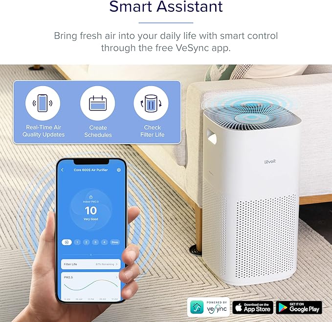 LEVOIT Air Purifiers for Home, Large Room Up to 2933 Ft² With HEPA Sleep Mode, AHAM VERIFIDE, Smart WIFI, PM2.5 Monitor, 3-in-1 Filter For Smoke, Pet Allergies, Dust, Alexa Control, Core 600S-P, White
