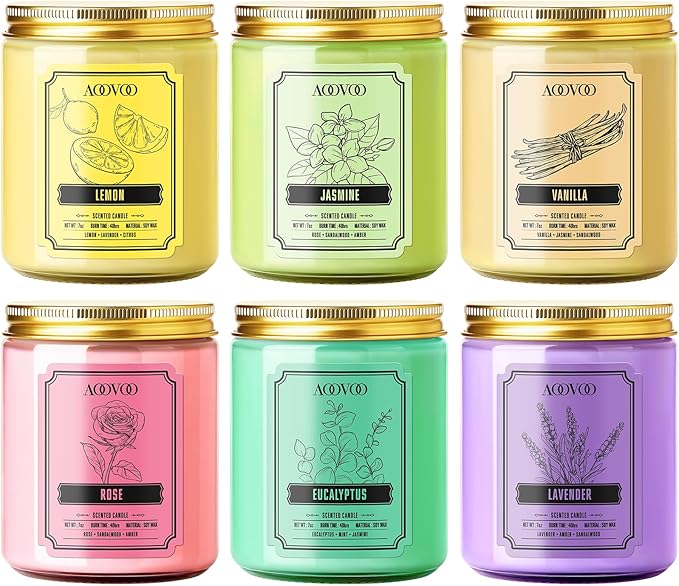 AOOVOO Scented Candles for Women - 6 Pack Colorful Jar Candle for Home Scented, 42oz Soy Candles, 300 Hours Burn Time, Aromatherapy Candles Gifts Set for Birthday