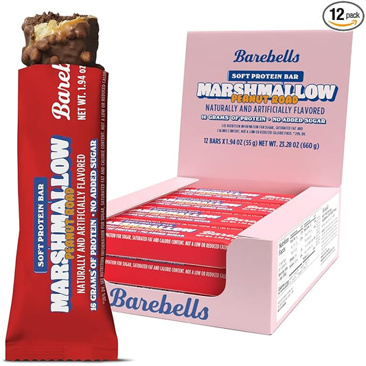 Barebells Soft Protein Bars Marshmallow Peanut Road - 12 Count, 1.9oz Bars - Nutritional Snacks with 16g of High Protein - Fluffy Chocolate Treat with 2g of Total Sugars - Breakfast Bars