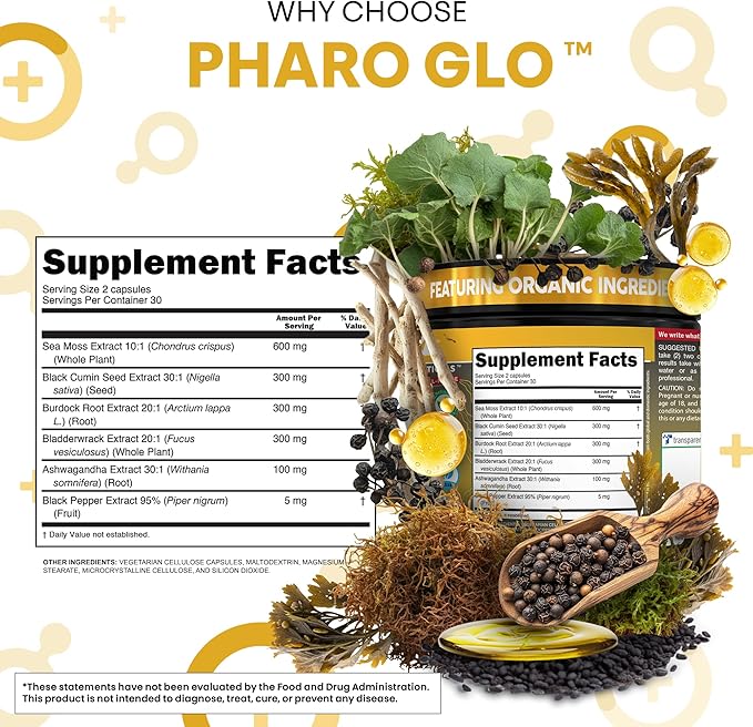 Clean Nutraceuticals Black Seed Oil Sea Moss Ashwagandha Burdock Root Bladderwrack Energy Vegan Capsules Seaweed Skin Detox Stress Relief Immune Support Focus Supplement Nigella Sativa 60 Count