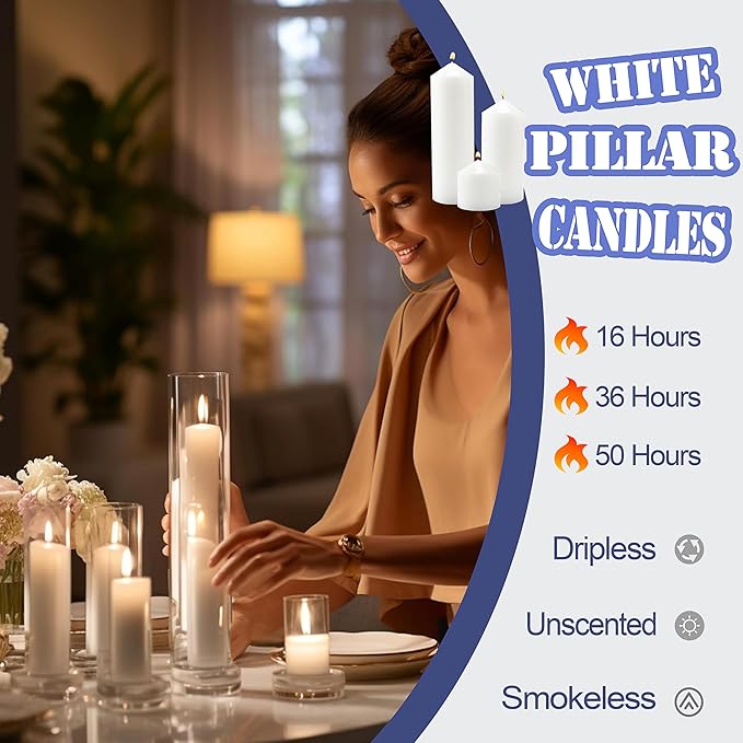 72 Pack White Pillar Candles Bulk Set, 2x3 2x6 2x8 Inch - 24 Each Size, Dripless Smokeless Clean Burning for Wedding Centerpieces, Home Decor, Church, Romantic Ambiance！