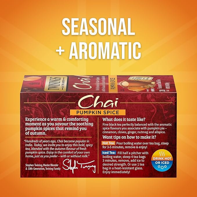 Twinings Pumpkin Spice Chai Black Tea Individually Wrapped Bags, 20 Count (Pack of 1), Warm, Spicy & Aromatic, Caffeinated, Enjoy Hot or Iced, 20 Teabags