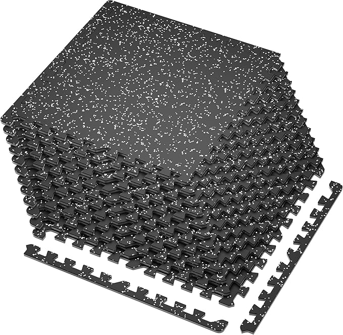 SUPERJARE 0.4'' Thick 12 Pcs 48 Sq Ft Rubber Top Exercise Equipment Mats, High Density EVA Foam Mats with Rubber Top, Interlocking Gym Flooring for Home Gym, Protective Workout Mat, Black/Grey