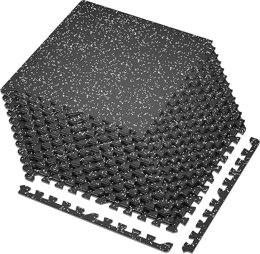 SUPERJARE 0.4'' Thick 12 Pcs 48 Sq Ft Rubber Top Exercise Equipment Mats, High Density EVA Foam Mats with Rubber Top, Interlocking Gym Flooring for Home Gym, Protective Workout Mat, Black/Grey
