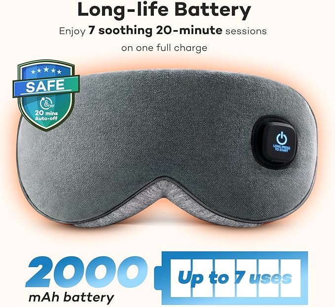 Ezona Cotton Cordless Heated Eye Mask, 2000mAh Warm Eye Compress Mask for Dry Eyes, Washable Eye Heating Pad for Travel, MGD,Blepharitis, Sinus Migraine with 10W Charger（Gray）