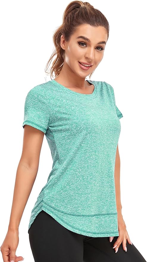 Women's Short Sleeve Workout Shirts Crewneck Sports Yoga Running Dry Fit Tops Side Split Tee