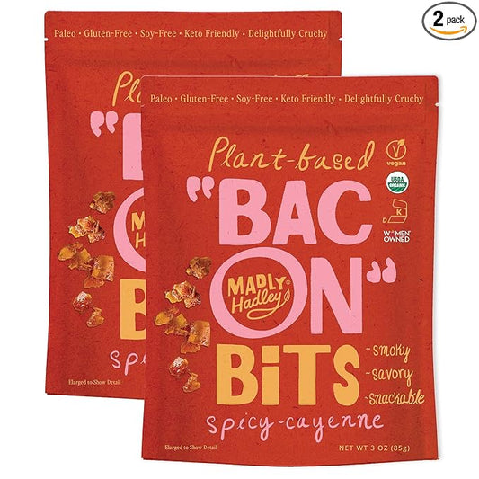 Madly Hadley Plant‑Based Bacon Bits, 2 packs - 6oz | Organic Coconut Vegan Bacon Snack | Topping for Salads, Pasta & Pizza | Gluten & Soy Free, Non-GMO, Vegetarian - Spicy Cayenne