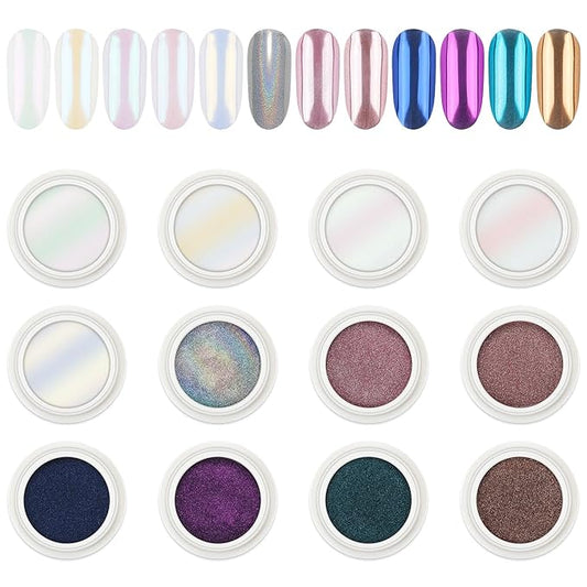 AIMEILI Pearl Nail Powder, Vegan, Cruelty Free, 12 Colors Chrome Aurora Metallic Holographic Mirror Effect Nail Art Pigment Iridescent Shell Glitter Nail Art