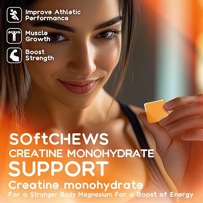Creatine Monohydrate Soft Chews Complex 6400mg for Men & Women -Advanced Formula W/L-Taurine + Vitamin B12, Sugar Free Chewable Supplement,60 Orange Softchews