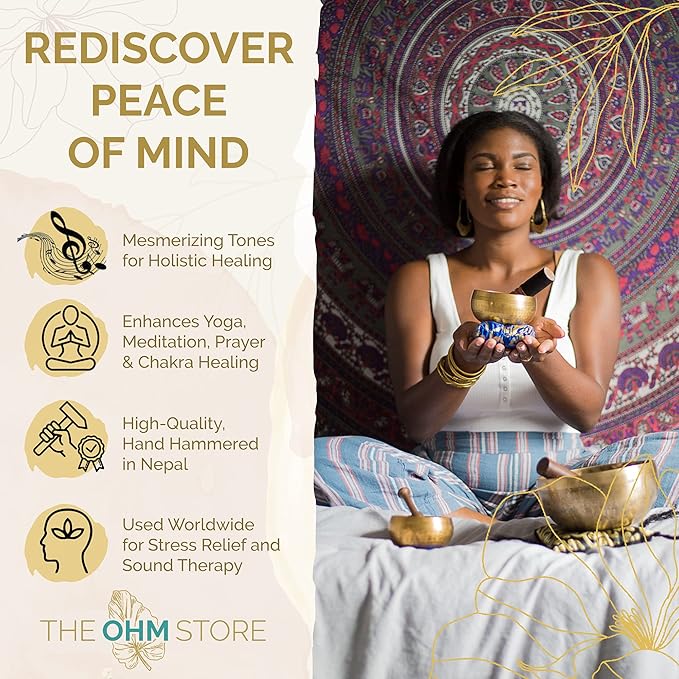 Tibetan Singing Bowl Set by The Ohm Store with 'Medicine Buddha' Engraving — Meditation Sound Bowl and Wooden Striker Handcrafted in Nepal — Spiritual Gift for Women and Men
