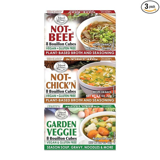 Edward & Sons Vegan Chicken Beef Vegetable Bouillon Cubes - Vegan Broth, Gluten Free Stock, No Trans Fat, Use in Soups, Stews and Pilafs (8 Cubes of Each)