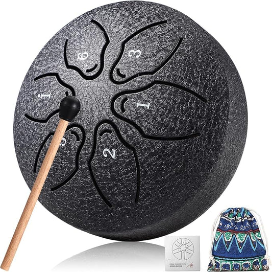 Facmogu Steel Tongue Drum, 6 Notes 3 Inches Rain Drum for Outside, Mini Rain Chime Drum with Bag, Music Book, Drumsticks, Waterlogging Rain Drum for Outside when It Rains - Black (Bowling Pattern)