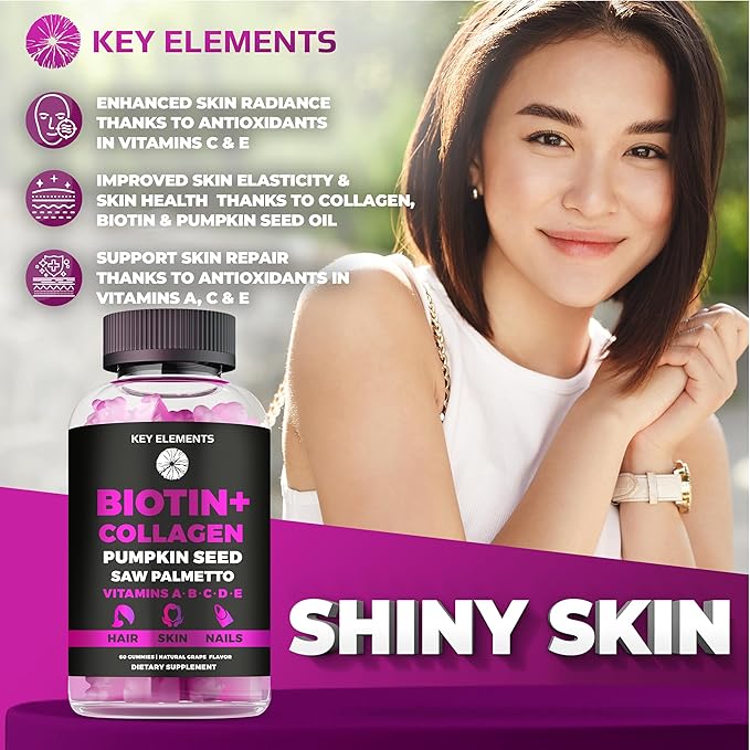 Hair Skin and Nails 10000mcg Gummies & Collagen Gummies - Biotin Vitamins for Hair Growth Pumpkin Seed Oil, Saw Palmetto Extract & Vitamins A B6 C D E - Biotin and Collagen Supplements