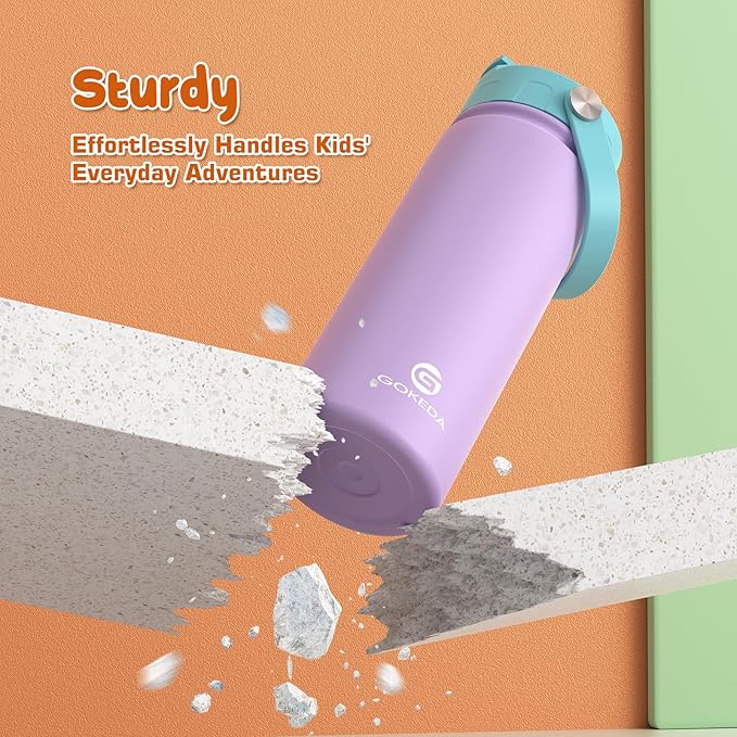 GoKEDA 18oz Kids Water Bottle, 2 Pack Insulated Bottles with Stickers, 18/8 Stainless Steel Vacuum Leak Proof Straw Cup for School, Gifts for Girls(Pink, Purple)