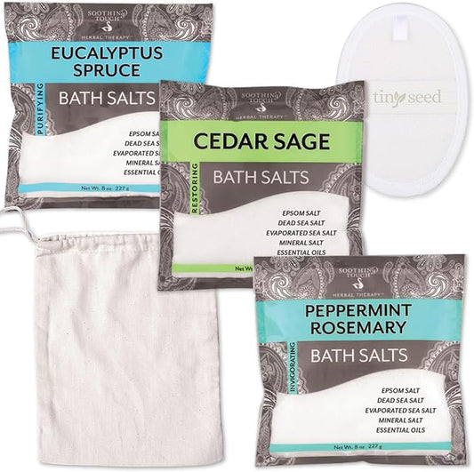 3-Pack Aromatherapy Bath Salts Gift Set. Variety Pack of Soothing Touch Bath Salts: Eucalyptus Spruce, Cedar Sage, Peppermint Rosemary (8 oz each) Bundle Includes Cotton Pouch & Loofah Exfoliating Pad