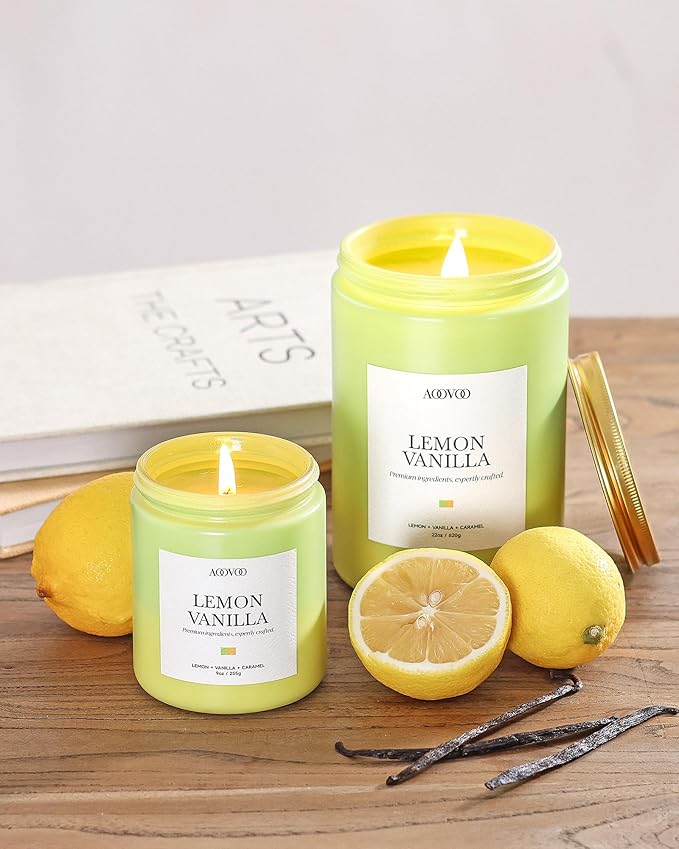 AOOVOO Lemon Vanilla Candles - Scented Candle Gift for Women, 22 oz Large Soy Candle, 120 Hours Burn, Jar Candle for Home Scented, Relaxing, Stress Relief Candles