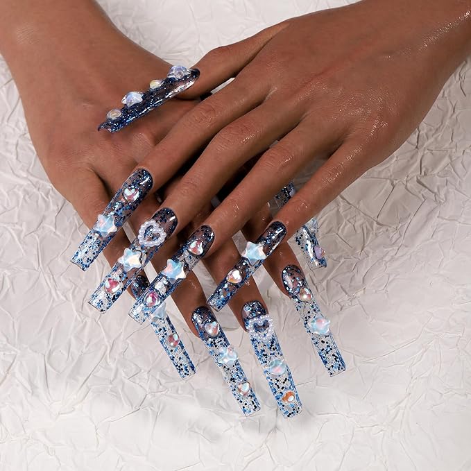 Sparkling Blue Star Press-On Nails with 3D Gems, Glitter Nail Art Set for Trendy & Stylish Manicure(M038, L)