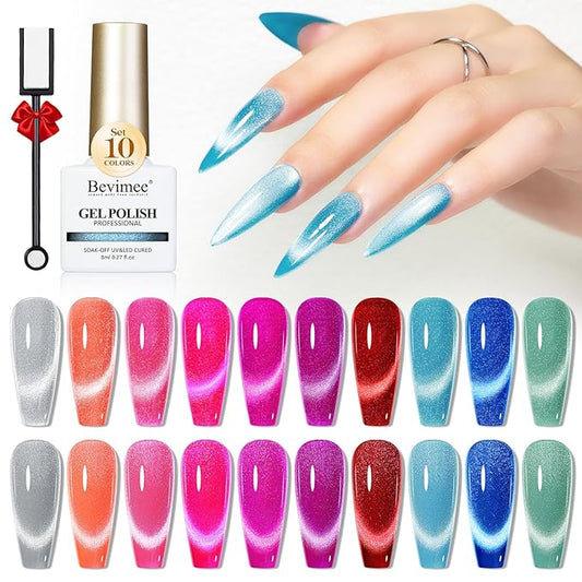 Neon Cat Eye Gel Nail Polish Set 10 Colors: Magnetic Cateye Gel Polish 9D Effect, Sparkle Glitter Bright Red Hot Pink Blue Nail Polish Long Lasting Soak Off Home Salon
