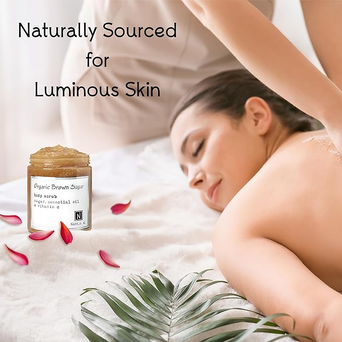 Organic Brown Sugar Body Scrub Made in USA with Essential Oil and Vitamin C by Nabila K - Exfoliate and Moisturize for Smooth Skin - Luxury for Women & Men, 3 oz