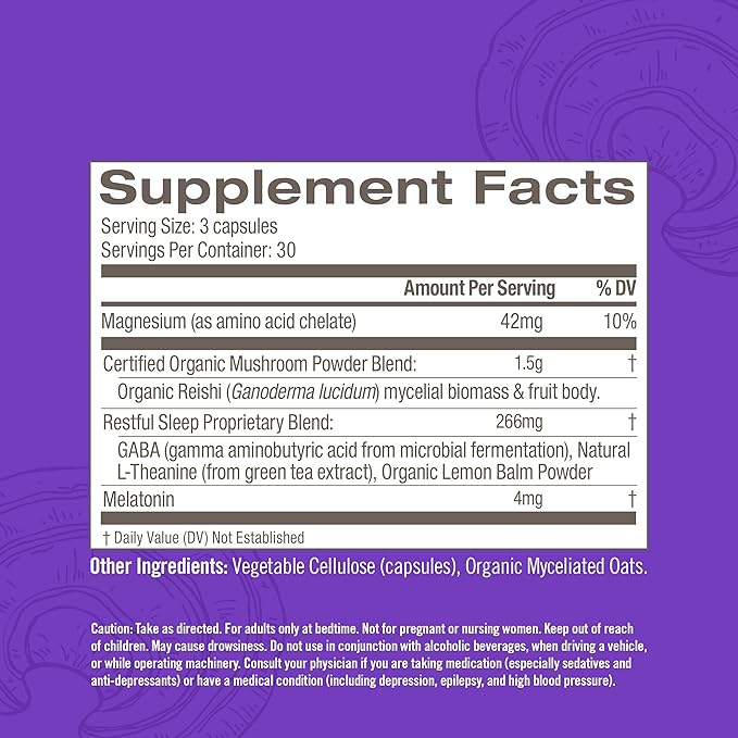 OM Mushroom Superfood Sleep Mushroom Capsules Superfood Supplement, 90 Count, 30 Days, Reishi, GABA, L-Theanine, Melatonin for Rest & Sleep Quality Superfood Supplement