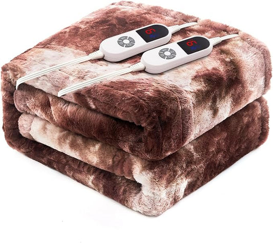 Electric Heated Blanket 90"x100",Luxury White Coffee Faux Fur Electric King Blanket,Fast Heating Soft Fluffy Thick Electric Blanket with 6 Heating Levels & 12H Auto Off