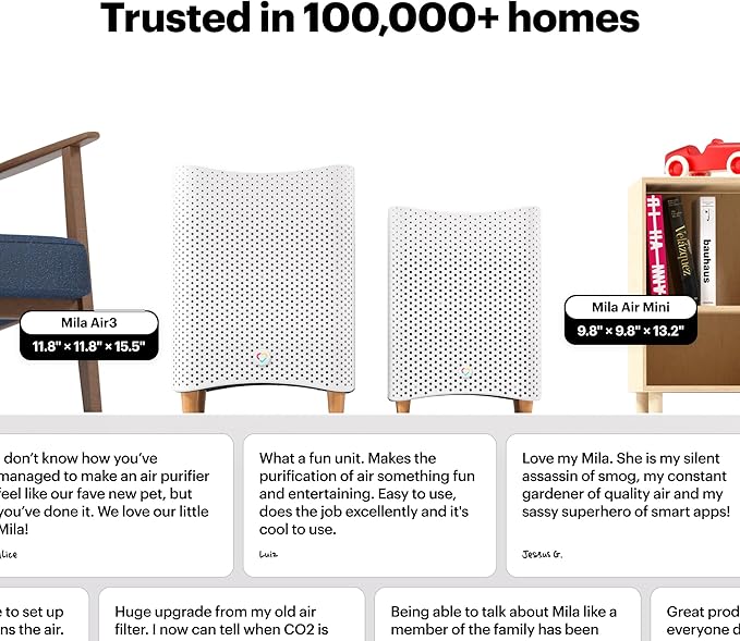 Mila Air 3 Smart Home Air Purifier with Overreactor H14 HEPA Replacement Filter, Removes Formaldehyde, VOCs, Dust & Odors, Ideal for Large Room or Bedroom, Quiet-Mode