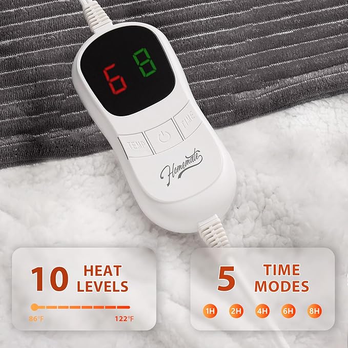 Homemate Heated Blanket Electric Throw - 50"x60" Heating Blanket Throw 1/2/4/6/8 Hours Auto-Off 10 Heat Levels Over-Heat Protection Soft Flannel Sherpa Heater ETL Certification