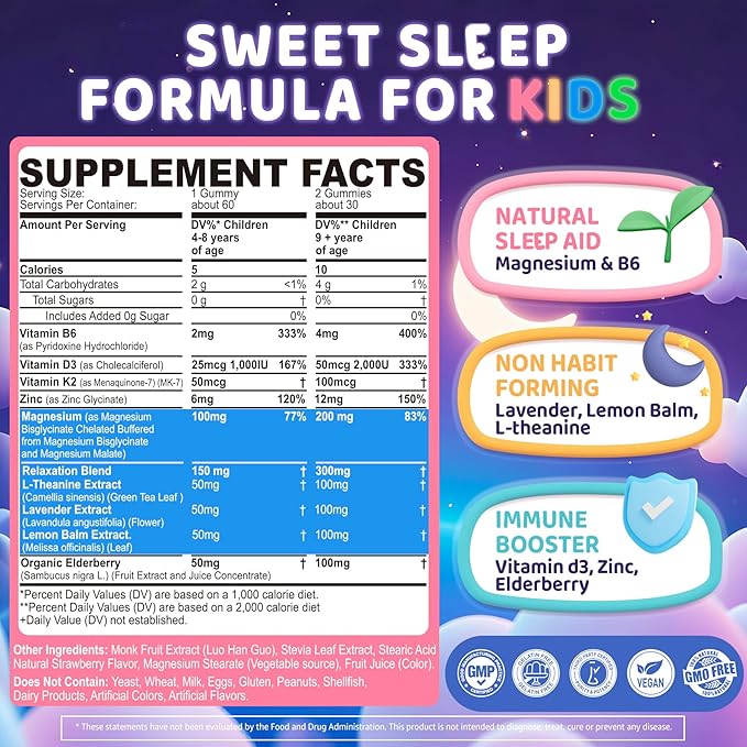 Kids Sleep Gummies, NO Melatonin Sleep Aid Gummies w/Magnesium Glycinate, Magnesium Malate, L-Theanine, Lavender, B6, Zinc, D3K2 for Restful Sleep, Relax Brain & Muscle, Immune Support, Non-GMO 1Pack