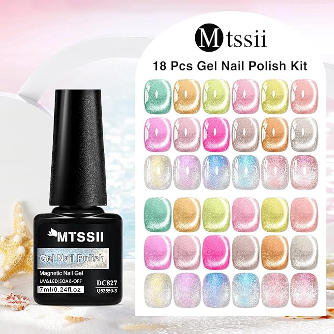 MTSSII 18PCS Cat Eye Gel Nail Polish Set with Magnet, Sea Spirit Magic Cateye Gel Polish Pink Green Blue Yellow Glitter Shinny Magnetic Nail Polish Soak Off LED Manicure Nail Art