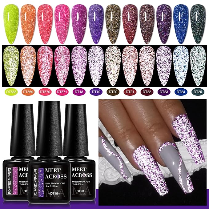 MEET ACROSS Reflective Glitter Gel Nail Polish Set for Christmas Nails 12 Colors Including Pink Red Purple Holographic Gel Polish Kit UV LED Soak Off Nail Polish Home DIY Manicure Nail Salon Varnish