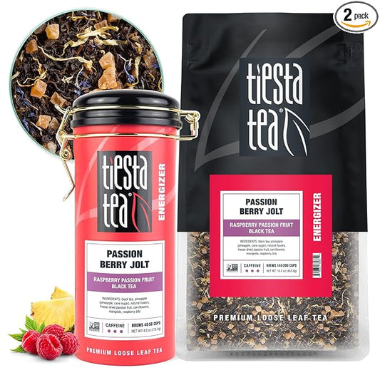 Tiesta Tea - Passion Berry Jolt, Loose Leaf, Raspberry Passion Fruit Black Tea, Premium High Caffeinated Black Blend, Make Hot or Iced, 16oz Bulk Pouch & 4oz Refillable Tin Combo