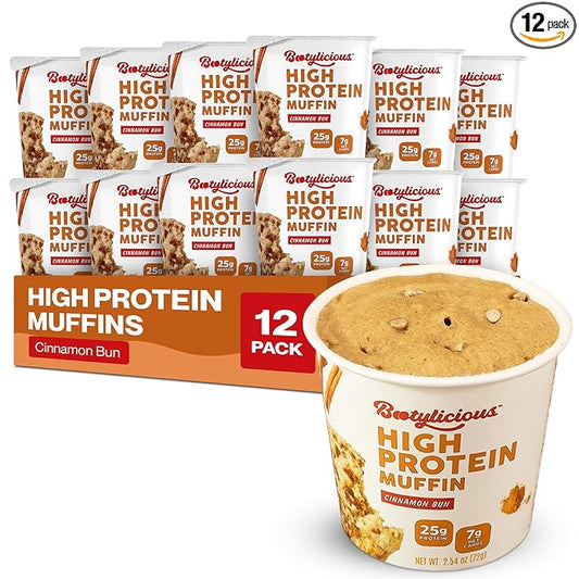 Bootylicious | High-Protein Muffin | 25g Protein, 7g Net Carbs, 2.32-2.75oz Cup, 12-Pack (Cinnamon Bun)