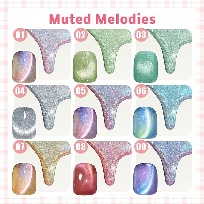 Gel Nail Polish Set, Cat Eye Gel Polish Kit, Holographic Magnetic Shimmer Glitter Purple Pink Red Blue Green Gray Aurora Nail Art, Manicure Salon DIY Gifts, Soak Off, UV/LED Cured (9 Colors H)