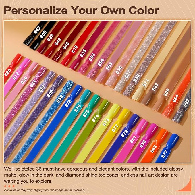 Lavender Violets 42 Pcs Gel Nail Polish Set, 36 Colors with 6 Bottles of Base Top Coat, Glossy Matte Diamond Shine Glow in the Dark Top Coat for Nail Art C950