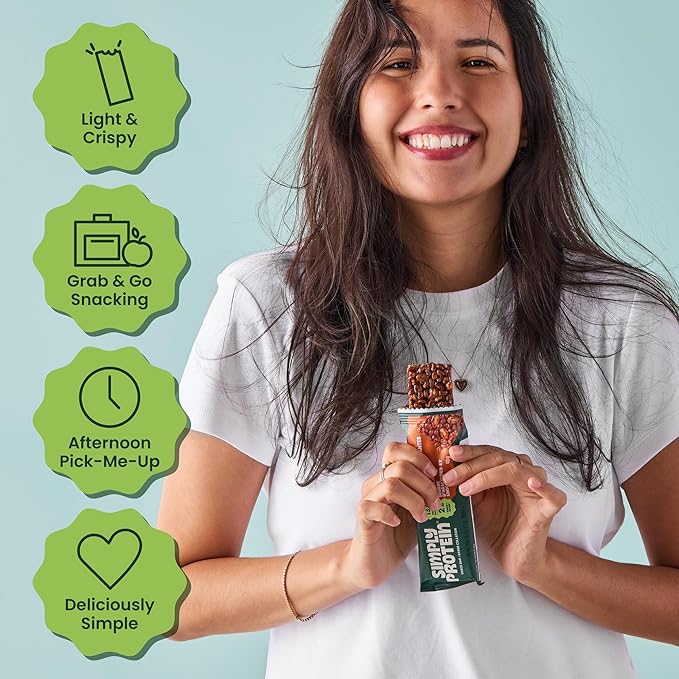 Simply Protein - Dark Chocolate Almond Crispy Bars - Plant Based Protein Bars - Low Carb, Low Sugar, High Fiber - 13g Protein, 2g Sugar, 7g Fiber - Vegan, Gluten Free, Non GMO, Kosher - 8 Bars