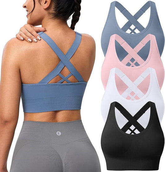 Evercute Sports Bra for Women Padded Medium Support Criss Cross Strappy Bras Seamless High Impact Yoga Exercise Athletic Bras