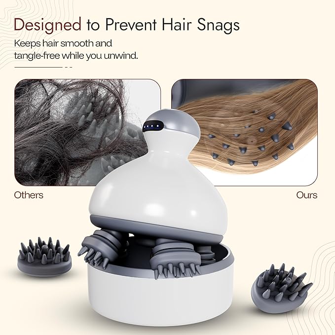 Electric Scalp Massager Hair Care w/ 4 Massage Modes & Oil Compartment - Head Massager Scalp Comfort - Removable Silicone Heads, Rechargeable, Soothing Sensation - Portable Cordless Scalp Massager
