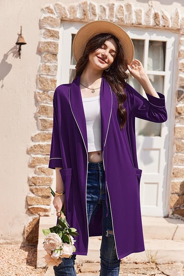 Ekouaer Women Robes Shawl Collar Bathrobe Short Kimono Robe Soft Knit Bathrobes Ladies Sleepwear with Pockets S-XXL
