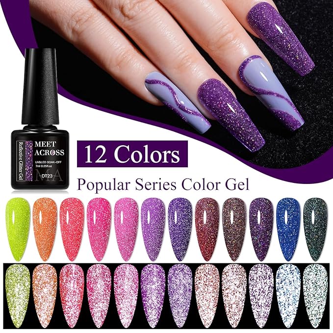 MEET ACROSS Reflective Glitter Gel Nail Polish Set of 12 Colors Pink Red Black Purple Shimmer Sparkle Gel Polish Collection Kit LED Soak Off Nail Polish Manicure Art Gel Kit Home DIY Nail Salon
