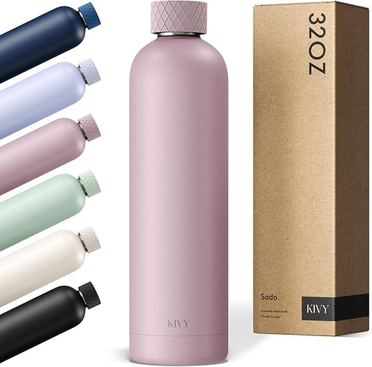 KIVY Stainless Steel Insulated Water Bottle 32oz | Slim Water Bottle for Travel, Car, Gym, Cupholder, Backpack side pocket - Slim water bottle no straw - Skinny water bottle screw top