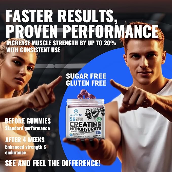 Natures Aid Creatine Monohydrate Gummies (5g) – Pre-Workout Energy & Muscle Growth Support for Men & Women | Blueberry Electrolyte Gummies (135 Count)
