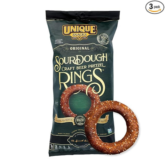Unique Snacks Sourdough Craft Beer Pretzel Rings, Delicious Homestyle Baked Snack Bag, Vegan, OU Kosher, and Non-GMO Food, No Artificial Flavor, 11 Oz. Bag, Pack of 3