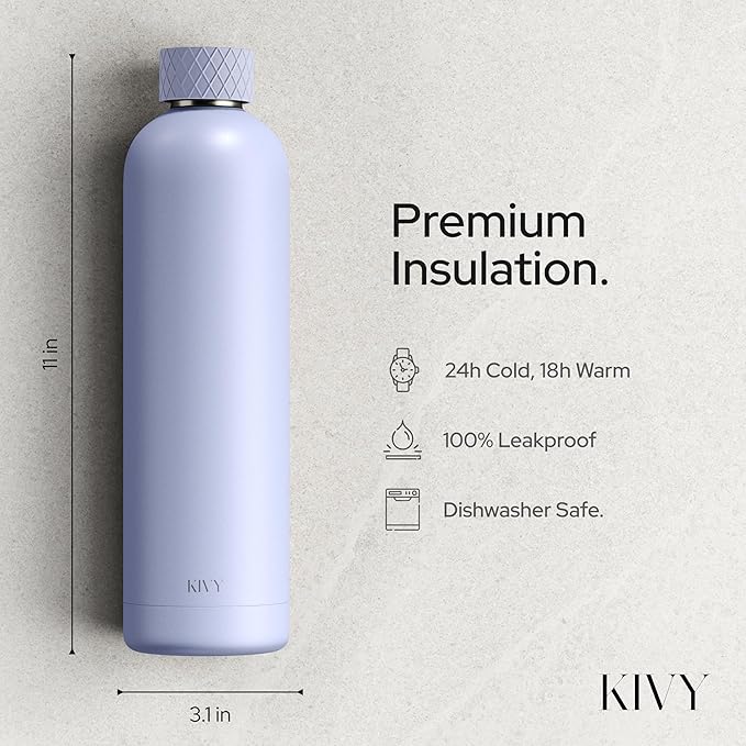 KIVY Stainless Steel Insulated Water Bottle 32oz [LEAK PROOF] - Insulated Stainless Steel Water Bottle - Thermo Flask Drinking Bottle - BPA Free Water Bottle
