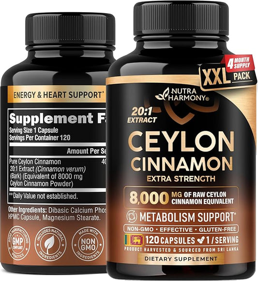 Ceylon Cinnamon Capsules - Extra Strength - Energy, Heart & Metabolism Support - for Men & Women - Pure Natural Extract 20:1 Supplement - Made in USA - GMO & Gluten Free, 120 Capsules, 4 Month Supply